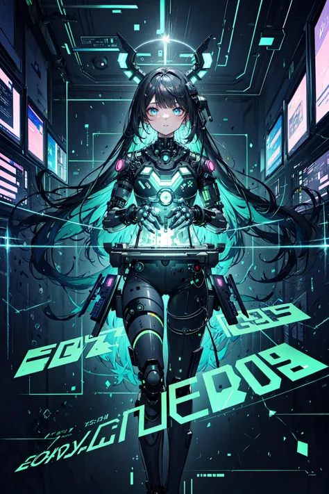 ((best quality, masterpiece, absurbres, super-resolution)), blue long hair, cybernetic, internet, green data codes, green numbers, (glitch effect:1.3)