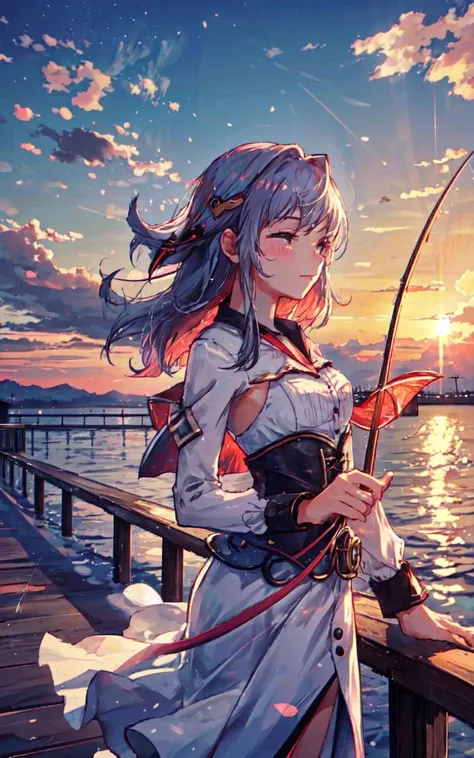 (cowboy shot, solo focus, cinematic photoshoot of perfect seductive young woman Fishing at the End of a Tranquil Pier:1.3), peaceful pier extending into a glasslike lake, reflecting a pastel sunrise, while a lone figure fishes in harmony with the stillness of the morning.
