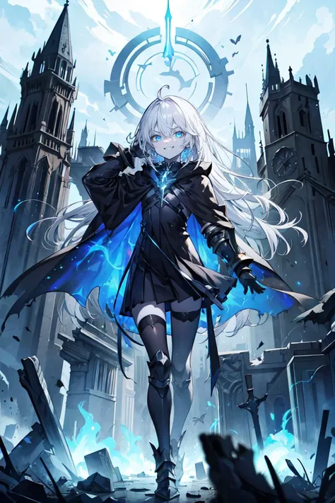 ((best quality, masterpiece, absurbres, super-resolution)), 1girl, solo, pale skin, ahoge, white hair, absurdly long hair, blue eyes, hair between eyes,  flat chest, eerie, dark, cemetery, blue mist, black dress, armored, fantasy, looking at viewer, armored chetsplate, spectral, blue energy, blue aura, black energy, evil, villain, movie poster, evil smile, evil grin, v-shaped eyebrows, crazy, bodysuit, futuristic, glow, apocalypse, destruction, black cloak, 
