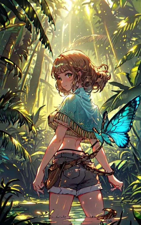 (cinematic still, wide high Dutch angle, cowboy shot, from side young Andean woman thigh deep in swamp wading water ripples through moat surrounding temple touching inscription on ancient Incan temple wall looking back at viewer:1.4), (in front of entrance to ancient haunted temple), (tan, 24 years old, heart shaped butt, Dimples of Venus (fit, slender, skinny waist, athletic:1.1), white crop top, subsurface scattering, young Andean woman, fashionista:1.2), (brown backlit hair, medium length, curly:1.3), vintage leather satchel, fedora, (clear poncho), (style of Charles Vess:1.3), tight shorts, vines growing up wall, (small slithering snake on water fountain:1.2), (small shimmering metallic blue morpho butterflies:1.1), (look of delight and discovery:1.1), dense jungle, exotic birds, ancient civilization's secrets, golden hour glow, soft sunlight filtering through the leaves, subsurface scattering, lush jungle backdrop with vibrant green foliage, intricately detailed environment, (volumetric Chiaroscuro++ lighting Tyndall Effect:1.3), caustic