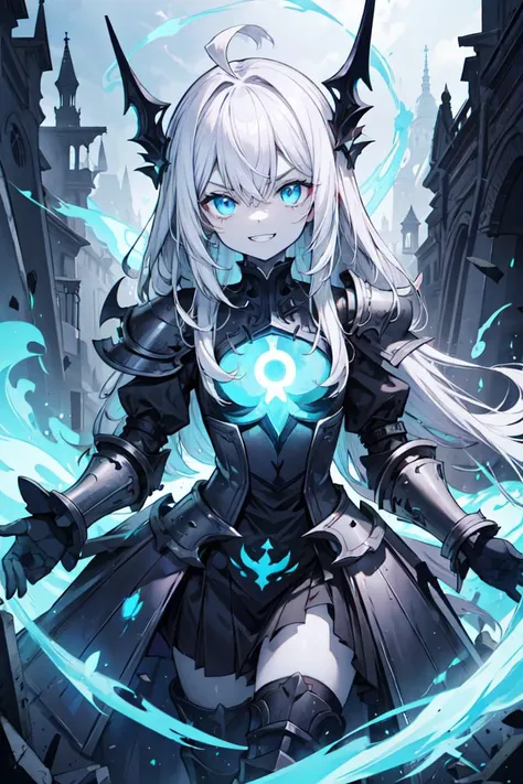 ((best quality, masterpiece, absurbres, super-resolution)), 1girl, solo, pale skin, ahoge, white hair, absurdly long hair, blue eyes, hair between eyes,  flat chest, eerie, dark, cemetery, blue mist, black dress, armored, fantasy, looking at viewer, armored chetsplate, spectral, blue energy, blue aura, black energy, evil, villain, movie poster, evil smile, evil grin, v-shaped eyebrows, crazy
