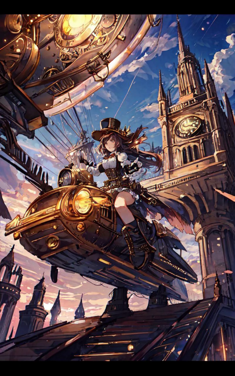 (solo-focus, cinematic photoshoot of perfect seductive young woman riding Steampunk Airship:1.3), majestic steampunk airship adorned with intricate brass gears and glowing steam vents, navigating through a sky streaked with amber and violet hues, amidst floating islands and surreal cloud formations.