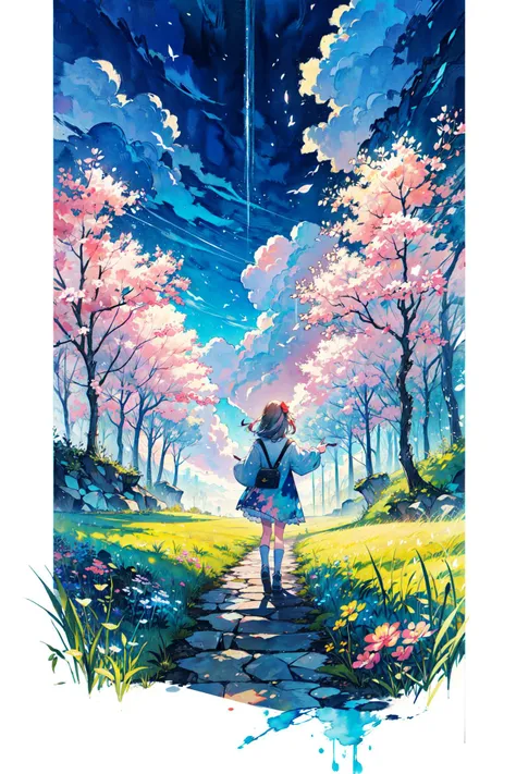 ((best quality, masterpiece, absurbres, super-resolution)), big flower field, beautiful romantic scenery, detailed landscape, looking back at viewer, (watercolor technique:1.3)