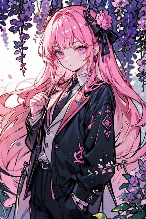 a man with long pink hair, in a wisteria forest