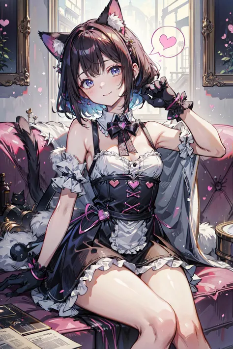 ((best quality, masterpiece, absurbres, super-resolution)) A cute girl wearing Cat Paw Gloves and fur, cat grooming, small breasts,
The girl is sitting on the sofa in the living room with her head tilt, smile, spoken heart, heart,