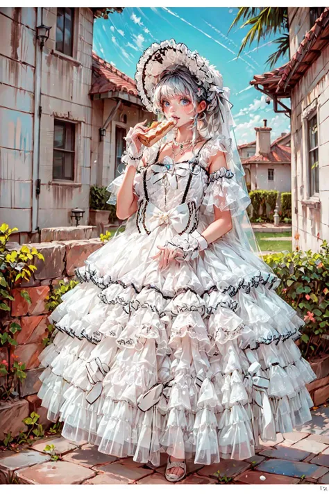 <lora:ayxc:0.72>, ((ayxc,white dress,frills,jewelry,bonnet,pearl necklace,detached sleeves,white bow,black ribbon,long dress,white_gloves, eating posture)):1.22,
BREAK ((1woman, young woman, adorable, clear face, young face, solo)), ((full body)):1.33,
BREAK ((milky skin, curvy body, slender body, woman hands, good anatomy)),
BREAK soft light, cinematic lighting, detailed(shadow, glow),
BREAK <lora:add_detail:0.45>, extremely detailed, ,4K, CG, finely detailed, (masterpiece, best quality):2.0, ((photorealistic:1.15)),
BREAK <lora:uber_saggy2:0.68>, saggy, sagging_breasts, <lora:Big_boobs:0.5>, ((huge breasts)), <lora:GoodHands-vanilla:0.75>,
((cozy, outdoors, cafe, cup of tea, bottle of water, cake, bread))