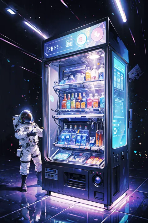((best quality, masterpiece, absurdres, super-resolution)) Vending machine, space, astronaut, galaxy in the background, detailed background