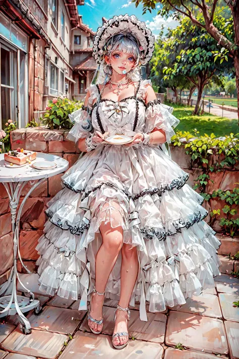 <lora:ayxc:0.72>, ((ayxc,white dress,frills,jewelry,bonnet,pearl necklace,detached sleeves,white bow,black ribbon,long dress,white_gloves, eating posture)):1.22,
BREAK ((1woman, young woman, adorable, clear face, young face, solo)), ((full body)):1.33,
BREAK ((milky skin, curvy body, slender body, woman hands, good anatomy)),
BREAK soft light, cinematic lighting, detailed(shadow, glow),
BREAK <lora:add_detail:0.45>, extremely detailed, ,4K, CG, finely detailed, (masterpiece, best quality):2.0, ((photorealistic:1.15)),
BREAK <lora:uber_saggy2:0.68>, saggy, sagging_breasts, <lora:Big_boobs:0.5>, ((huge breasts)), <lora:GoodHands-vanilla:0.75>,
((cozy, outdoors, cafe, cup of tea, bottle of water, cake, bread))