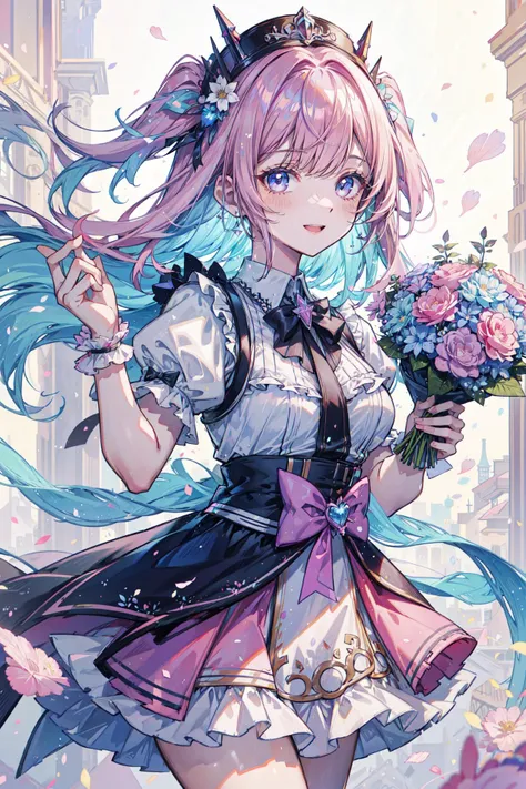 ((best quality, masterpiece, absurbres, super-resolution)), 5girls, group,happy, pastel, kawaii, five girls, party, idols, flowers, bouquet
