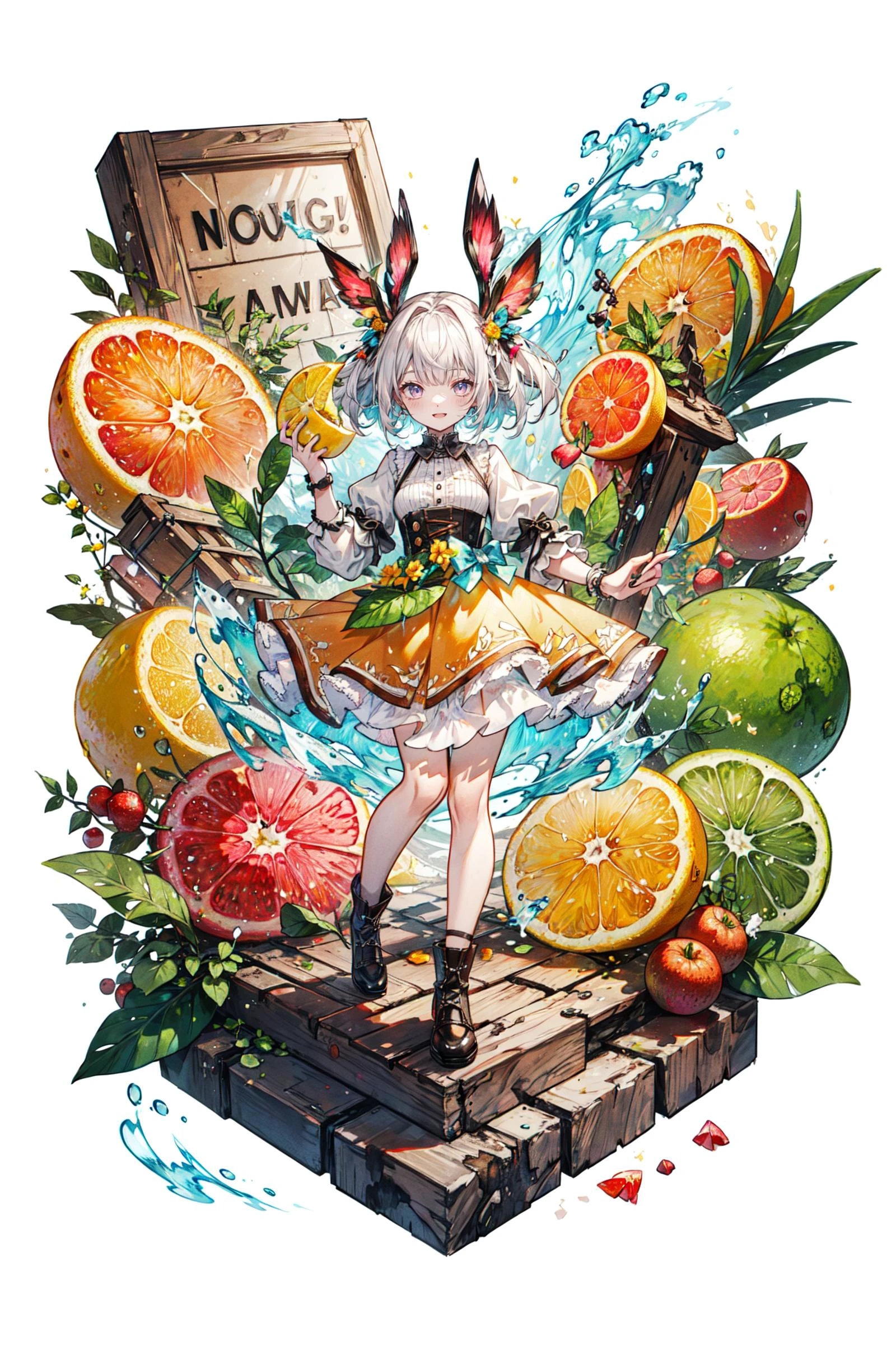 ((best quality, masterpiece, absurbres, super-resolution)) fruits, citrus, fruit slice, concept shoot, water splash, vibrant, clear, fresh