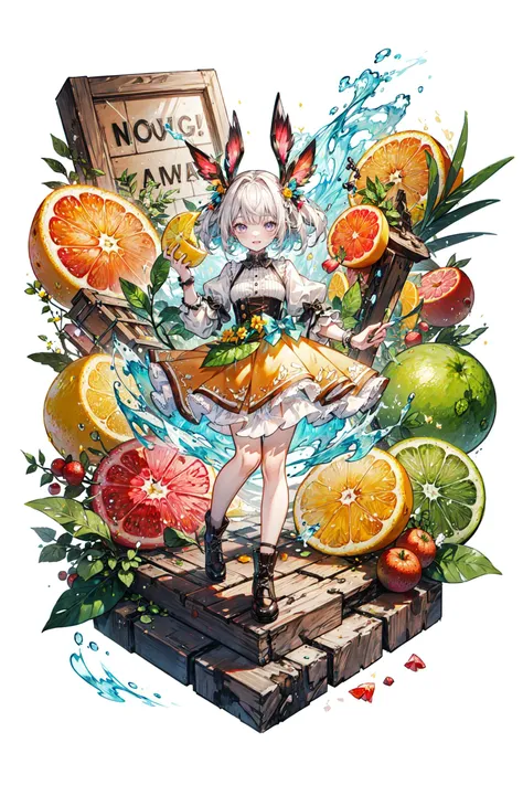 ((best quality, masterpiece, absurbres, super-resolution)) fruits, citrus, fruit slice, concept shoot, water splash, vibrant, clear, fresh