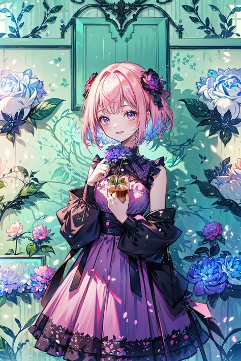 ((best quality, masterpiece, absurdres, super-resolution)) pop culture modern aesthetic cafe, bright, (flower wall:2), (2 girls), parfait \(dessert\),