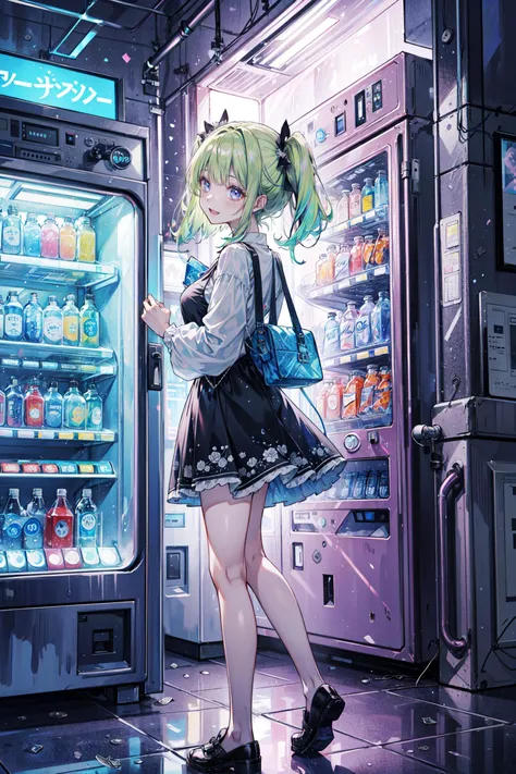((best quality, masterpiece, absurdres, super-resolution)) photo of beautiful jpn-gyaru, solo, Green,Blonde,Purple,White hair, standing in playground, from far, from side, glossy, beautiful anime eyes with luster reflection, beautiful, money, coins, drinks, bottled water, can soda, ramune, vending machine on background