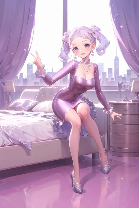 ((expectational, masterpiece, absurbres, ultra-detailed)), 1girl, full body, smiling, happy, fashion, stylish pose, movement, Cityscape skyline, cute bedroom, subsurface scattering, princess, frill curtains, night view, <lora:SYNNzidingyi01:1>