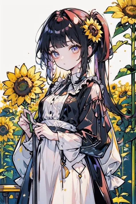 a black woman with colorful dreadlocks, in a sunflower garden