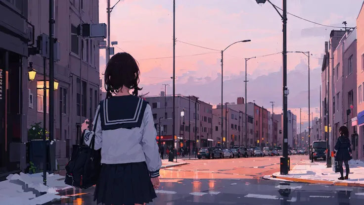 (((1girl, solo))), serafuku, school uniform, scenery, city, dusk <lora:XilmoStyle-000006:0.6>