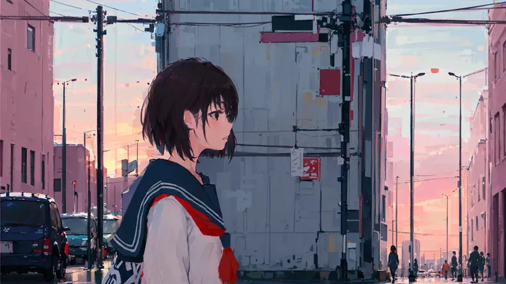 (((1girl, solo))), serafuku, school uniform, scenery, city, dusk <lora:XilmoStyle-000006:0.8>