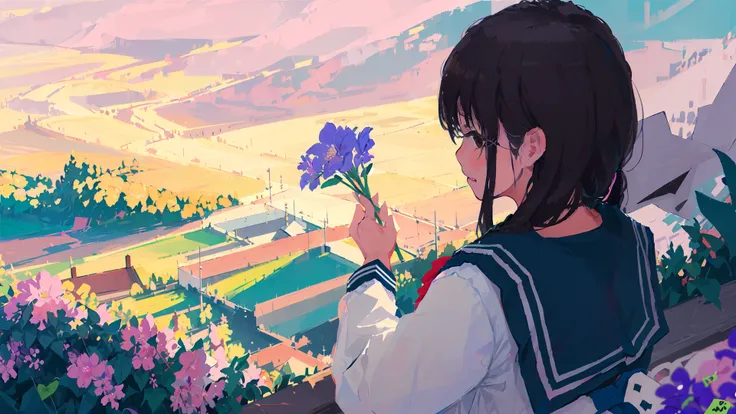 (((1girl, solo))), serafuku, school uniform, scenery, flower field, <lora:XilmoStyle-000006:0.8>