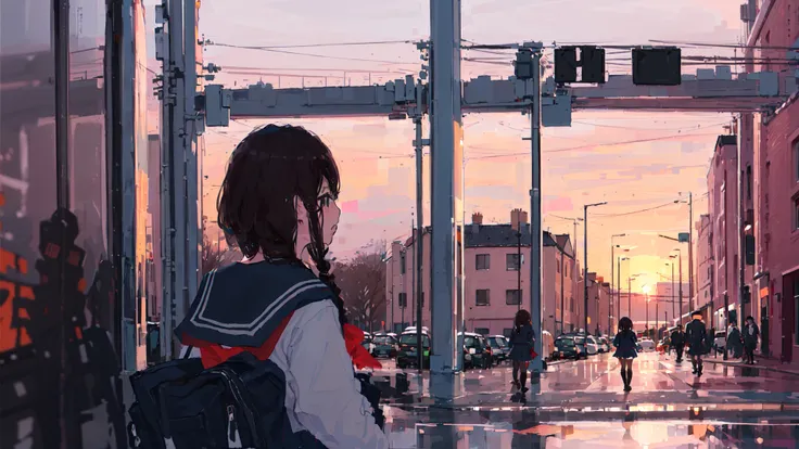 (((1girl, solo))), serafuku, school uniform, scenery, city, dusk <lora:XilmoStyle-000006:0.8>