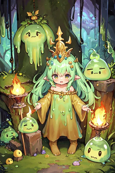 ((best quality, masterpiece, absurdres)), solo, Mystical Cavern, Earthy Tones, Flickering Torches, Ancient Runes, Druidic Robes, ((cute colorful slime monsters around))