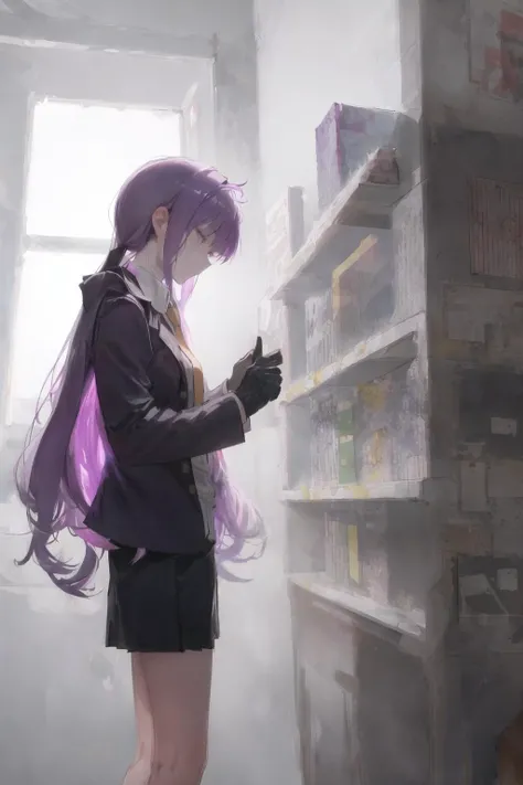 ((best quality)), ((masterpiece)), (detailed), realistic,, in the dark,darkness,
((breeze)),((in winter)), from below, from side,foreshortening,  KyokoDG, 1girl, solo,perfect body ,perfectanatomy,beautiful lighting, (watercolor:0.9),zooming in, (sketches,sketch:1.1)


boots,long sleeves, necktie,purple jacket,black shirt, white shirt, collared shirt, gloves, closed up ,purple straight hair, many photo on the wall ,square design , 

standing,bare legs, very cool posing ,pose,intense shadow ,




thinking deeply ,notebook ,map,

seamy,library and seamy laboratory,

 indoors ,[purple|green]lighting,smoke, 
,cool face,  closed mouth,

 <lora:kirigiriKyoko_v10:0.6>