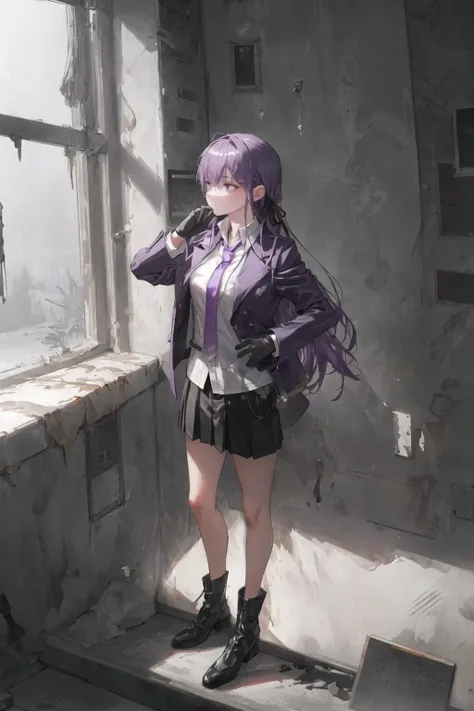 ((best quality)), ((masterpiece)), (detailed), realistic,, in the dark,darkness,
((breeze)),((in winter)), from below, from side,foreshortening,  KyokoDG, 1girl, solo,perfect body ,perfectanatomy,beautiful lighting, (watercolor:0.9),zooming in, (sketches,sketch:1.1)


boots,long sleeves, necktie,purple jacket,black shirt, white shirt, collared shirt, gloves, closed up ,purple straight hair, many photo on the wall ,square design , 

standing,bare legs, very cool posing ,pose,intense shadow ,




thinking deeply ,notebook ,map,

seamy,library and seamy laboratory,

 indoors ,[purple|green]lighting,smoke, 
,cool face,  closed mouth,

 <lora:kirigiriKyoko_v10:0.6>
