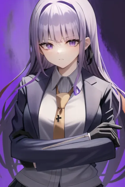<lora:KyokoDG:1>, KyokoDG, 1girl, crossed arms, necktie, solo, jacket, shirt, purple background, looking at viewer, long sleeves, simple background, upper body, white shirt, collared shirt, closed mouth, adjusting gloves,
