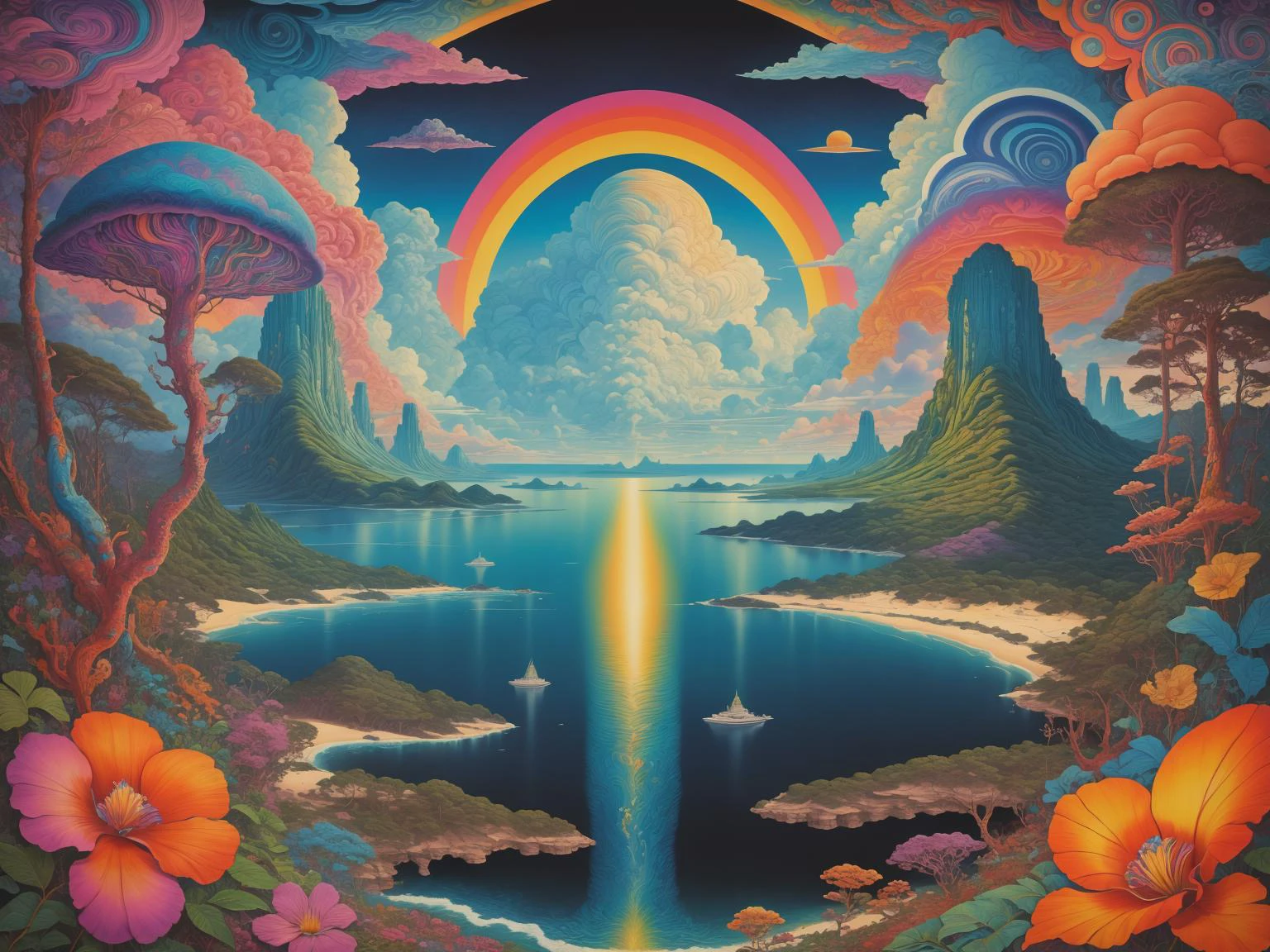 masterpiece <lora:psychedelic-landscape:1> poster, psychedelic oceanic-landscape