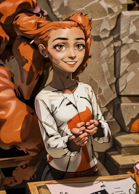 <lora:JinxTT:0.85> jinxtt, 1girl, <lora:JazmineDubois1:0.8> jazmine dubois, green eyes, brown hair, solo, big hair, long hair, twintails, shirt, dark skin, orange hair, looking at viewer, smile, solo focus<lora:LCM_SD15:1.0>