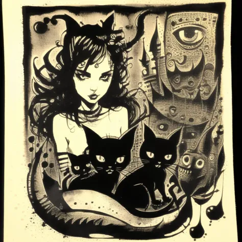 corcoc3s girls holding a surreal kitten, black ink <lora:corcoc3s:1>