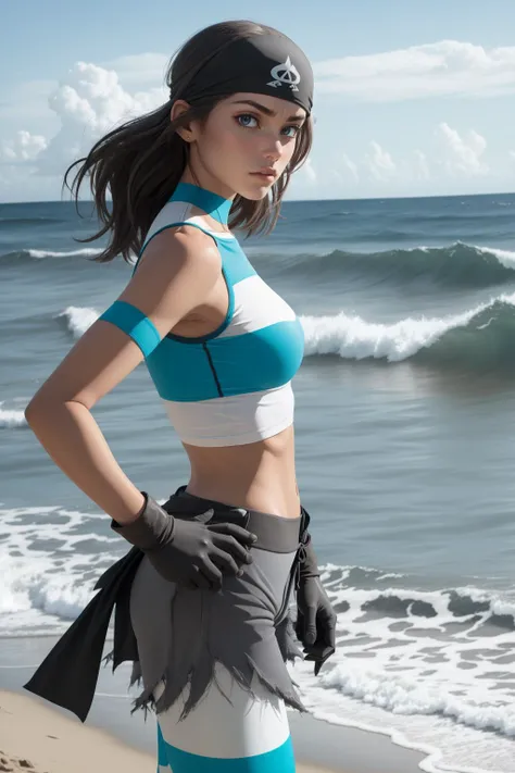 masterpiece, best quality, pkmntag, bandana, striped crop top, armband, black shorts, black gloves, striped leggings, cowboy shot, furrowed brow, hands to hips, from side, looking at viewer, ocean, waves <lora:teamaquagrunt-nvwls-v1-000010:0.9>