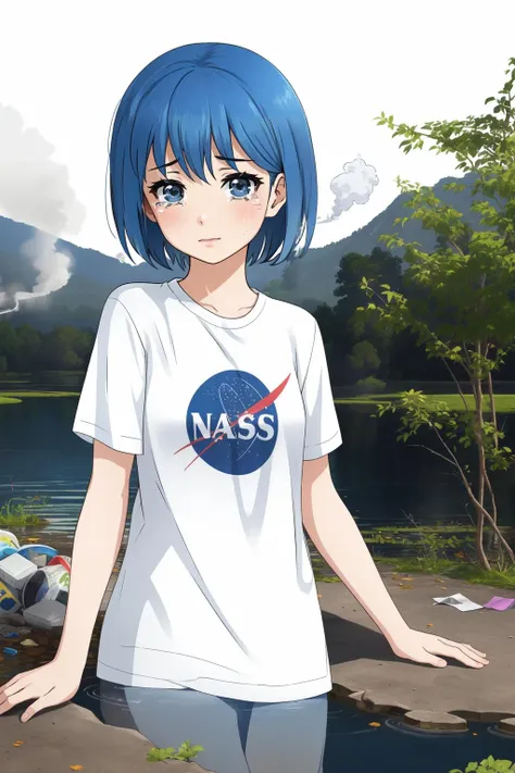 (masterpiece, best quality),  intricate details,
1girl,  <lora:1653810788086709897:0.8> masterpiece, Best Quality, 1girl, Small Breasts, Short Hair, White T-Shirt, Full Body, 
pollution, dirty water, pond, trash, crying, tears,  smoke,