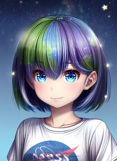((best quality)), ((highly detailed)), masterpiece, absurdres, detailed face, beautiful face, (detailed eyes, deep eyes), <lora:more_details:.8>, 1girl, upper body, <lora:hairdetailer:.8>, <lora:Earth-Chan (Remoria):1>, short hair, small breasts, multicolored hair, blue and green hair, blue eyes, ((white t-shirt)), shorts, (indoors, on a space station, space, stars)