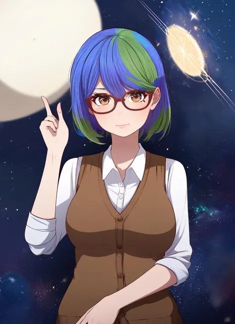 ((best quality)), ((highly detailed)), masterpiece, absurdres, (detailed eyes, deep eyes), 1girl, (glasses), full body, <lora:hairdetailer:.9>, <lora:Earth-Chan (Remoria):1>, short hair, medium breasts, multicolored hair, blue and green hair, brown eyes, cardigan vest, (inside, on a space station, space, stars)