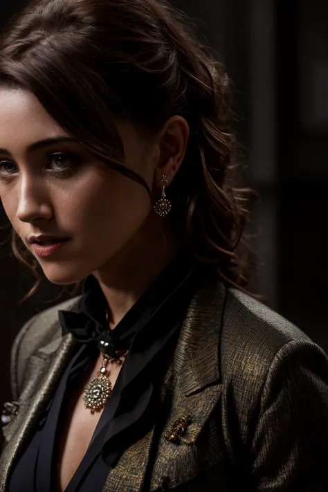 medium shot photo of a mix of (pocket watch, waistcoat, and ascot tie:0.8) and (maternity wear:0.5) (sks woman:0.99), (nice cleavage:1.1), intricate steampunk+ city, evening, dark, atmospheric, mist, best quality masterpiece, photorealistic, detailed, 8k, HDR, shallow depth of field, broad light, high contrast, backlighting, bloom, light sparkles, chromatic aberration, sharp focus, RAW color photo, <lora:nataliaDyer_v10:1.4><lora:epiNoiseoffset_v2Pynoise:1.0>