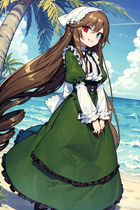 (masterpiece:1.2), best quality, ultra high res, unity 8k wallpaper, (illustration:1.0), (beautiful detailed eyes:1.6), extremely detailed face, Cinematic lighting, high contrast , clear color, (perfect hands,perfect anatomy), (dynamic angle and pose:1.3), best angle, (1girl, solo:1.5), BREAK
suiseiseki, long hair, (heterochromia, green eyes, red eyes:1.2), brown hair, very long hair, drill hair, twin drills, hair between eyes, head scarf, bonnet, BREAK
dress, green dress, frills, long sleeves, ribbon, frills, neck ribbon, black ribbon, (long_skirt:1.2), BREAK
smile, happy, BREAK
(palm tree:1.3), (ocean:1.3), (outdoors:1.2), (sky:1.2), (beach:1.4), (walking:1.4),