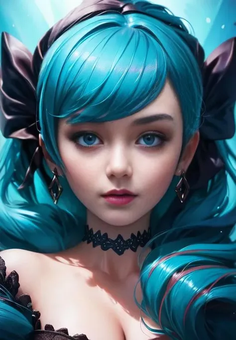 (Best quality,16k,A high resolution，Stained glass painting),Ultra-detailed,Realistic:1.37,Blue wavy hair，Bright hair,(Blue eyes,Reflective pupils),Pink plump lips,seduct smile,(Decorate the dress with roses),Fair complexion，