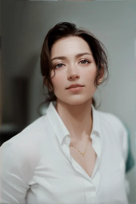 portrait photo of lhn,(white shirt), (brown hair), hair in a ponytail,  alluring portrait, intricate, highly detailed, digital painting, artstation, concept art, naughty, sharp focus, cinematic lighting, illustration, art by artgerm and greg rutkowski, alphonse mucha, cgsociety, <lyco:LisaHannigan-RealVision-V1.0:1.0>