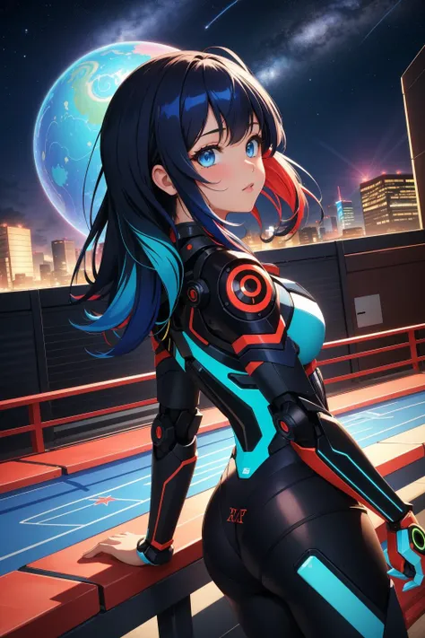 1girl, [ (sci-fi art designed by Alejandro Burdisio:0.8) and (El Greco:1.0) and (August Sander:1.0) ::15], colorful Chalk painting, intricate details, shot from side of a Sexy Mecha- ("Turf War":1.3) , simple Vibrant Color background, fluorescent blue woods and Jupiter's Great Red Spot in background, Stars in the sky, shallow depth of field, Confused, Altermodern, Bloom light, Zoom lens, Amaro, Luminous trails, Cross Processing, Highres, arthouse