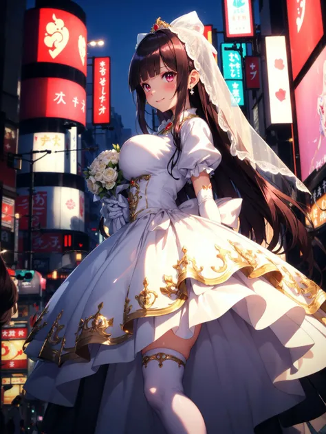 (8k, RAW photo, best quality, masterpiece, pixiv: 1.2),
(1milf, princess, awe, brainwashed, blush, dark smile, standing: 1.2),
breast, thigh, heart-shaped pupils,
(shiny hair, hair between eyes, blunt bangs: 1.2),
(princess wedding dress, long skirt, puff sleeve, white long gloves, big ribbon, tiala, white thigh high thights, pumps, jewely: 1.2), ((metalic satin)),
midtown, night, shibuya, shinjuku, tokyo, japan, <lora:Yuri_Tanima-10:0.0.2> <lora:Momoko_Hanasaki_WeddingPeach-KK77-V3:0.5>
