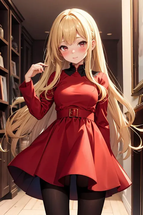 (masterpiece, best quality), 1girl, blonde hair, red dress, pantyhose, cute face, blush, <lora:add_detail:1>