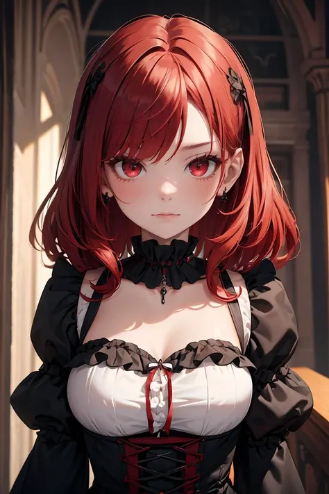 (masterpiece, best quality), 1girl, red hair, medium chest, gothic frill dress, pervert face,