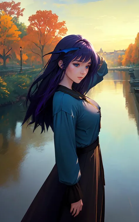 (clothed, masterpiece,wide angle, cinematic establishing shot,young adult european woman, highly detailed background:1.2), volumetric lighting, subsurface scattering, dynamic pose, (special effects, color grading, fantasy aura), (Mystic River Healer:1.4), (Medium Covered Breasts:0.81), Serene river, healing herbs, flowing garments, reflective water