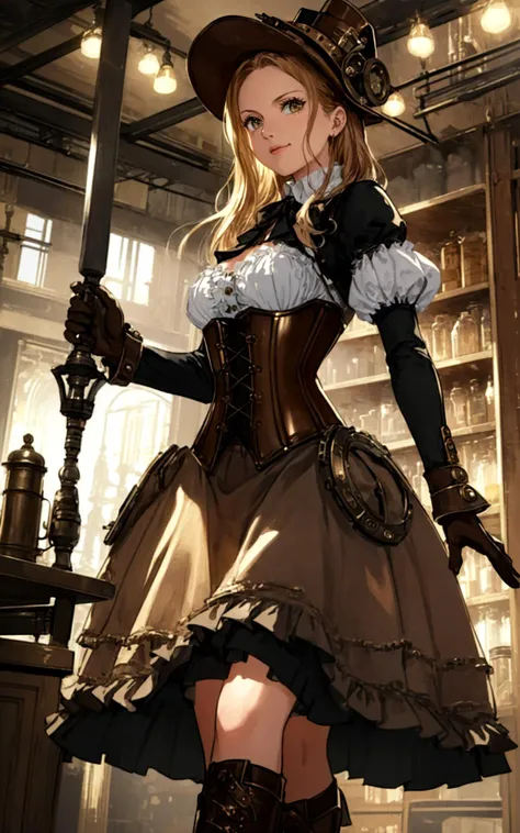 (extremely detailed illustration by Annie Leibovitz:1.5), highres, ((extremely detailed and beautiful background)), (professional illustration), (official art), ((Ultra-precise depiction)), ((Ultra-detailed depiction)), (beautiful:1.2 and aesthetic:1.2), beautiful detailed, intricate:1.1, [Victorian:steampunk:0.6] setting, woman embodying a steampunk aesthetic with a Victorian twist, ((intricate corset design)), holding greasy spout oil can, steel boned corset with brass cogs and gear accents, layered bustle skirt in rich brocade, detailed with copper threading, high-collar ruffled blouse with puffed sleeves, leather gloves reaching just below the elbow, adorned with delicate clockwork pieces, striking leather boots with metal heel detailing, a combination of elegance and industrial flair, hair styled in a sophisticated updo, adorned with miniature steampunk-inspired hat, subtle yet striking makeup highlighting her sharp features, standing confidently in a vintage workshop setting, surrounded by brass and copper machinery, soft glow of ambient gaslights, casting dramatic shadows, the air filled with a sense of adventure and mechanical wonder, her presence a perfect blend of Victorian grace and steampunk boldness, captivating the viewer with a look that's both nostalgic and forward-thinking.