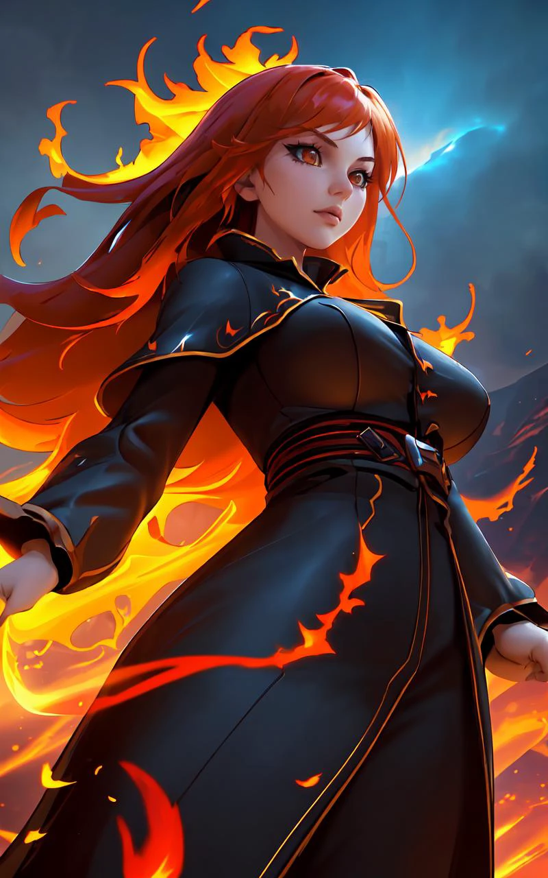 (clothed, masterpiece,wide angle, cinematic establishing shot,young adult european woman, highly detailed background:1.2), volumetric lighting, subsurface scattering, dynamic pose, (special effects, color grading, fantasy aura), (Ember Mage:1.4), (Small Perky Breasts:0.81), Smoldering ashes, ember glow, fire magic, warmth aura