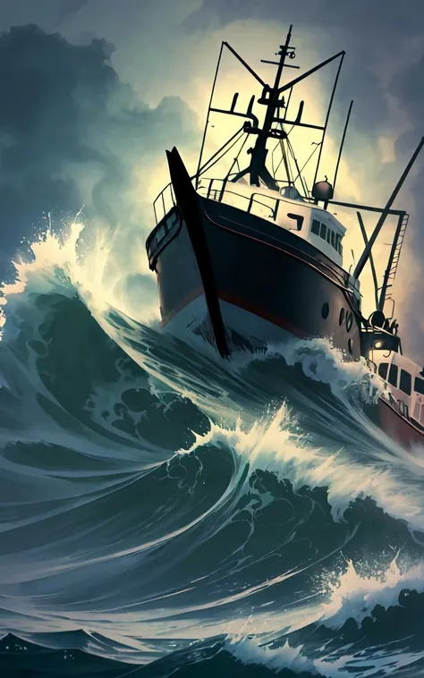 (HP Lovecraft Monster attacks trawling boat), fierce storm raging, chaotic waves crashing, dim light flickering, eerie shadows, subsurface scattering