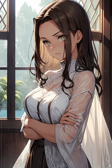 (masterpiece, best quality), female legal age, chiseled, polynesian, amber eyes, folded ears, square jaw, widows peak forehead, , brunette long bob hair, sadness wearing microfiber cheeky, mesh top, , crossed arms, crossing arms over the chest, hinting at hidden desires, rainy window lighting, soft, diffused light through raindrops on a window, creating a cozy and intimate mood, a peaceful lakeside retreat, with serene waters and people enjoying recreational activities