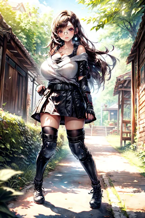 <lora:tifa-nvwls-v2:0.8>, (metTifa, red eyes, low-tied long hair, earrings, cropped sweater, blue sweater, off-shoulder, short sleeves, suspender skirt, elbow gloves, armored legwear):1.23, kick at viewer, fight stance,
BREAK((solo:1.1, 1woman, adorable, cute , clear face), (full body:1.35), dynamic angle, dynamic posture, detailed shadow, detailed lightning, (wide view, wide-angle lens)),
BREAK(perfect(anatomy,body,face,hand,leg,foot,finger),(brown eyes, (multicolor dark brown hairs):1.15, long hairs):1.2, cleavage),
BREAK(((a woman wearing a sliver oval glasses):1.2), soft light, light on face, cinematic lighting),
BREAK(beautiful detailed woman, glossy pink lips, (milky skin, shiny skin):1.25, makeup, blush,eyeliner, eyeshadow, eyelashes, textured skin, collarbone, perfect skin)
BREAK(<lora:more_details:0.7>, extremely detailed, CG, 8k Amazing, finely detail, (masterpiece:2.0, best quality), (intricate details, depth of field)),
BREAK((<lora:uber_saggy2:0.68>, saggy, sagging_breasts, (huge breasts))),
<lora:cozy animation scenes_20230824111332:0.45>, cozy , day, farm, rice field, hay , road , flower, trees,