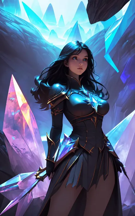 (clothed, masterpiece,wide angle, cinematic establishing shot,young adult european woman, highly detailed background:1.2), volumetric lighting, subsurface scattering, dynamic pose, (special effects, color grading, fantasy aura), (Crystal Cave Guardian:1.4), (Medium Covered Breasts:0.81), Glowing crystals, ethereal light, protective stance, enchanted spear