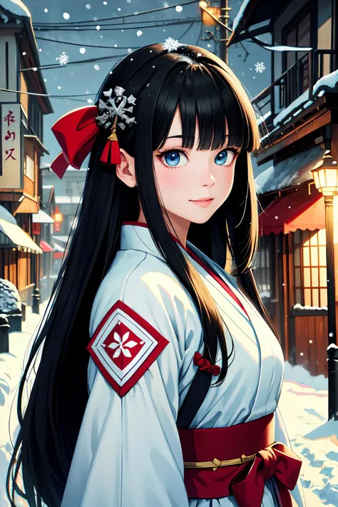 ((masterpiece, best quality, extremely detailed, absurdres)),(anime),(masterpiece), (extremely detailed 8k illustration)), highres, (extremely detailed and beautiful background), ultra detailed painting, professional illustrasion, Ultra-precise depiction, Ultra-detailed depiction, (beautiful and aesthetic:1.2), HDR, (depth of field:1.4), colorful, vivid, beautiful detailed glow light particles, intricate:1.4, zentangle, (girl), blue eyes, highly detailed beautiful face and eyes, beautiful hair, bob hair, blunt bangs, (black hair:1.4), (Red ribbon on the back of the hair:1.2), ( Samurai Shodown's nakoruru costume:1.2), kirakira skin, (abstract:1.2), pretty, subesube, (small stature,medium breast), , smile, front view, (town, snow, snow city, snowing:1.5), (1snowman:1.1), (residential area, street corner:1.3), (outdoors)